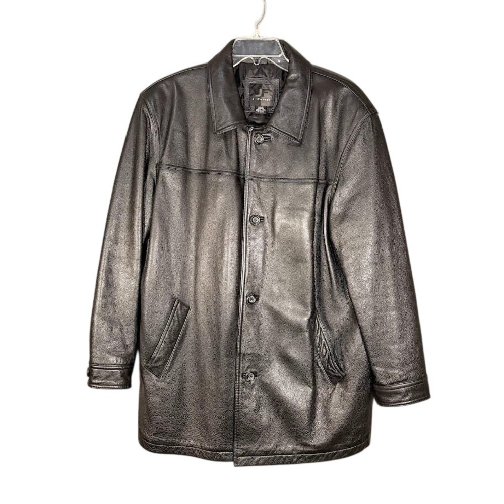 J Ferrar Mens Black Genuine Leather Vintage Car Coat Driving Jacket Button Large